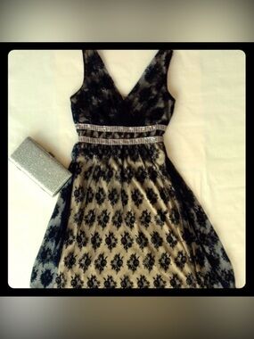 Flirty & Feminine Black Lace Dress with Nude Lining and Silver Trim Size 8